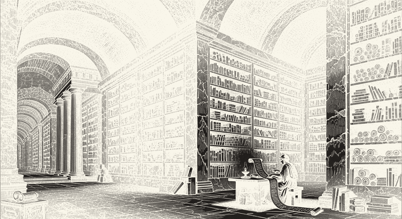 A vast Greek archive of scrolls and codices, a scribe reading by lamplight.