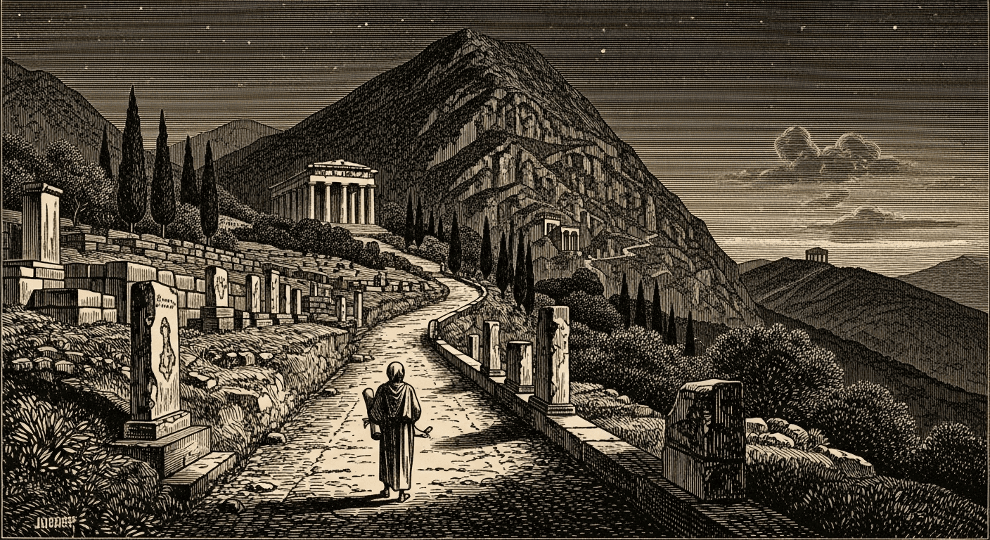 A robed scholar climbing the Sacred Way of Delphi, the Temple of Apollo silhouetted on Mount Parnassus.